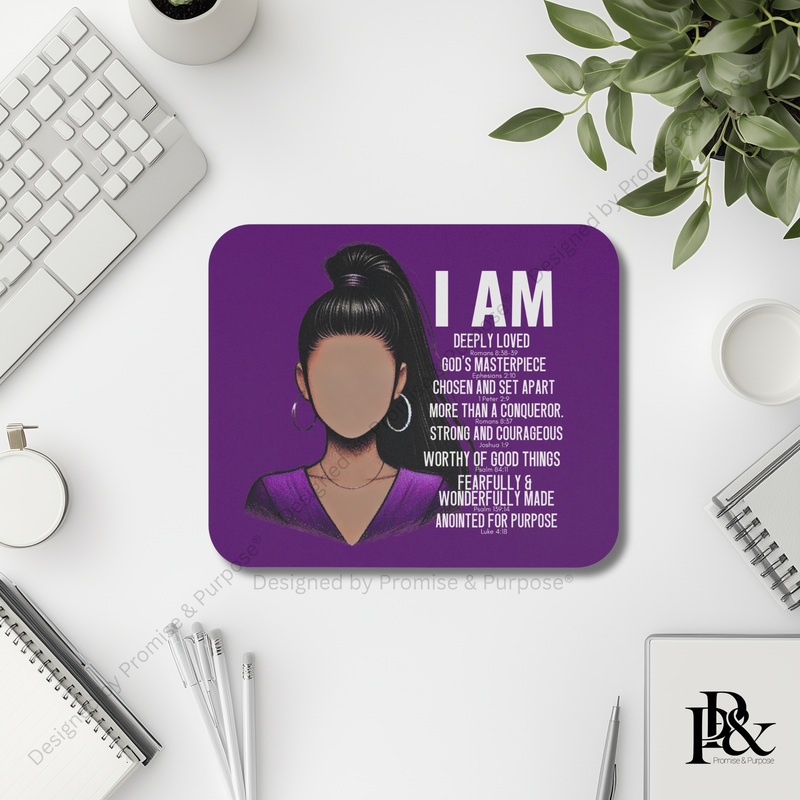 I Am Scripture Affirmation mousepad for Christian faith desk decor and modern workspace