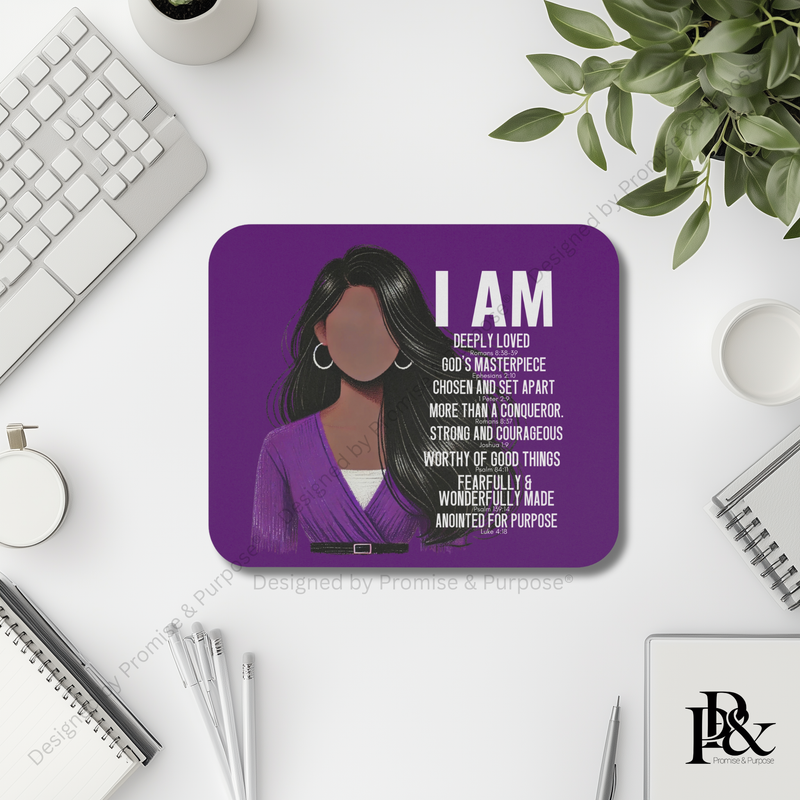 I Am Scripture Affirmation mousepad for minimal desk setup with faith inspired aesthetic