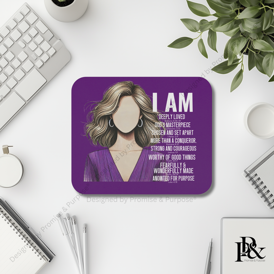 I Am Scripture Affirmation mousepad for faith desk setup and simple workspace inspiration
