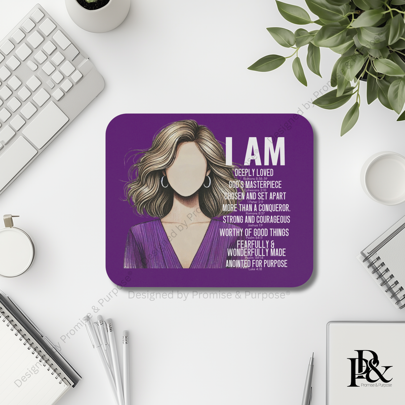 I Am Scripture Affirmation mousepad for faith desk setup and simple workspace inspiration