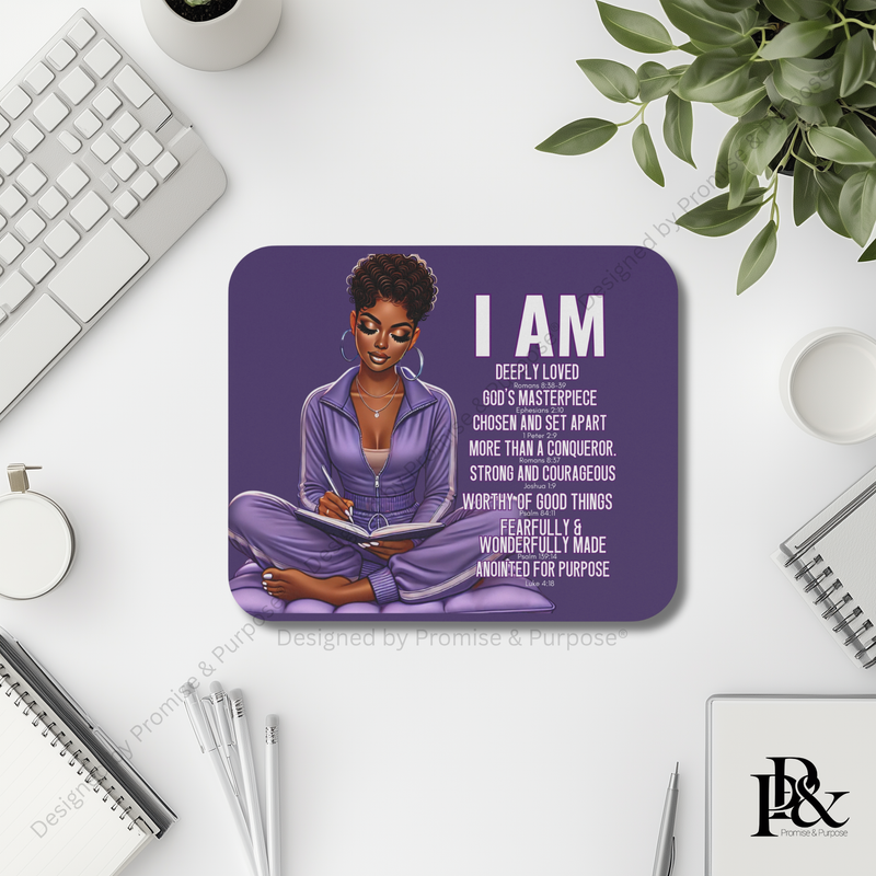 I Am Scripture Affirmation mousepad for faith based workspace and modern desk setup