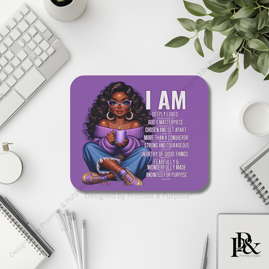 I Am Scripture Affirmation mousepad for faith office desk and minimalist workspace setup