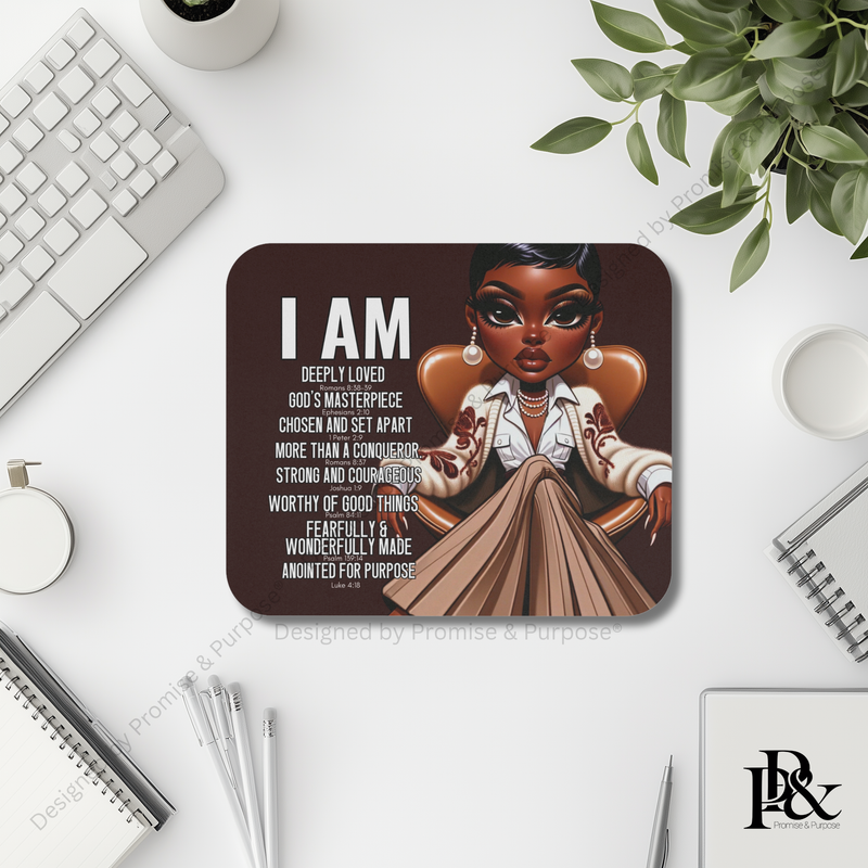 I Am Scripture Affirmation mousepad for Christian aesthetic desk decor and workspace use