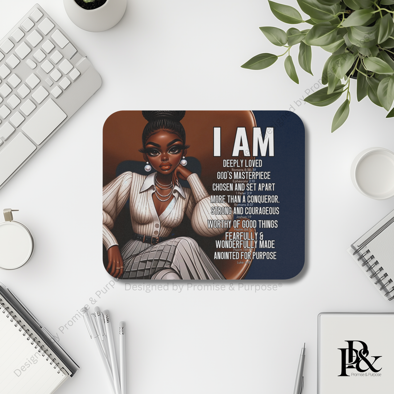 I Am Scripture Affirmation by Promise and Purpose mousepad for faith office desk decor and workspace inspiration