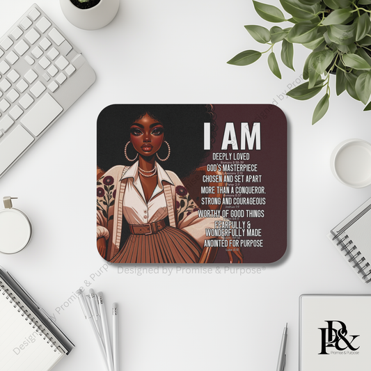 I Am Scripture Affirmation by Promise and Purpose mousepad for faith office desk decor and workspace inspiration