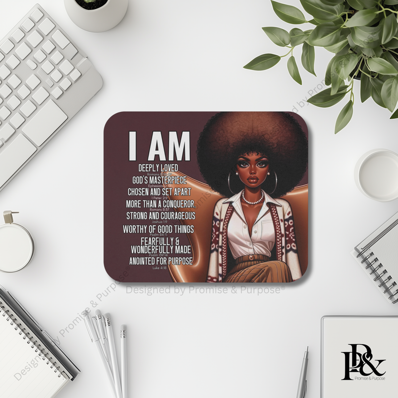I Am Scripture Affirmation by Promise and Purpose mousepad for faith office desk decor and workspace inspiration