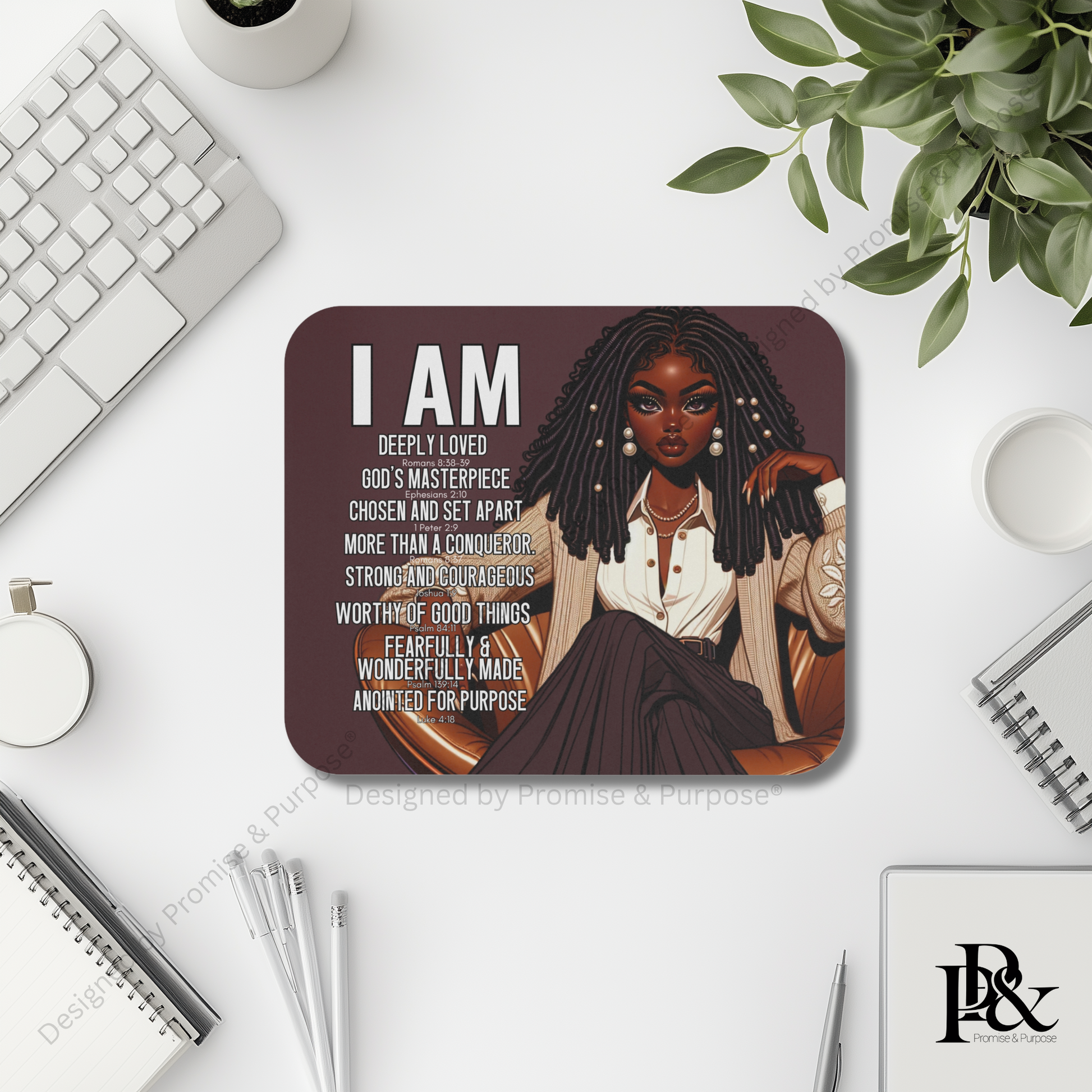 I Am Scripture Affirmation by Promise and Purpose mousepad for faith office desk decor and workspace inspiration
