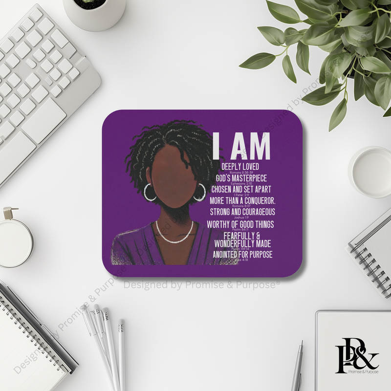 I Am Scripture Affirmation mousepad featuring Black woman illustration with Bible verse affirmations by Promise and Purpose