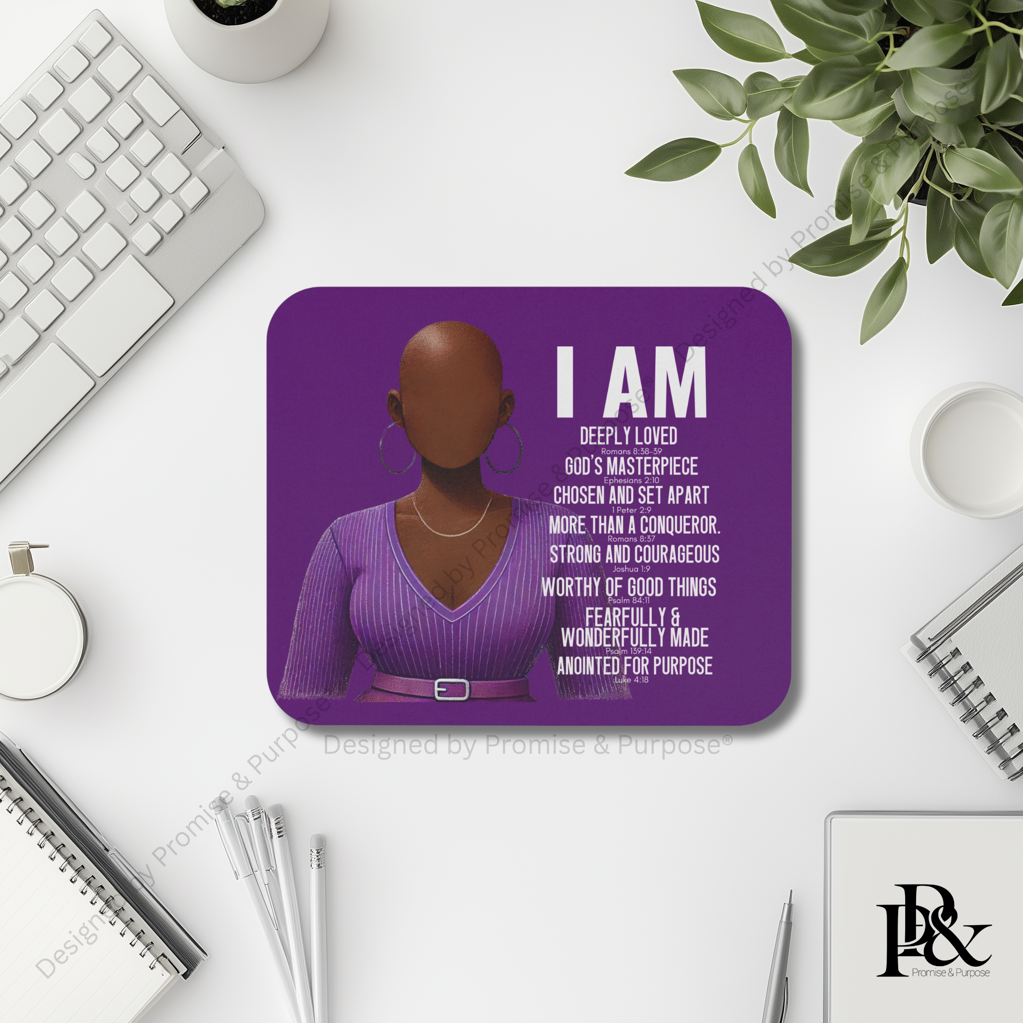 I Am Scripture Affirmation mousepad featuring Black woman illustration with Bible verse affirmations by Promise and Purpose
