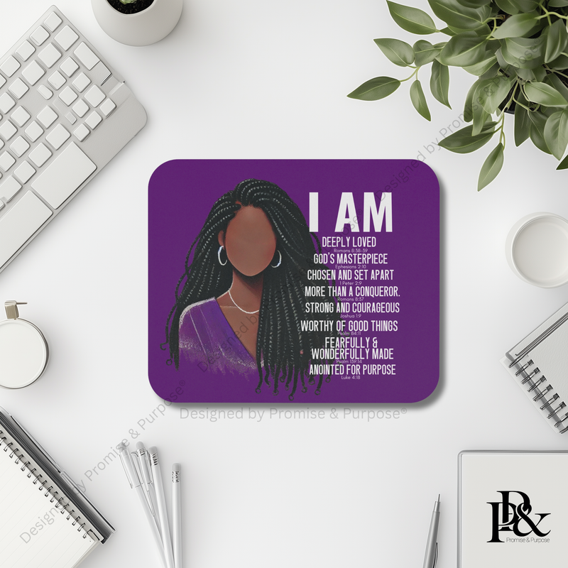I Am Scripture Affirmation mousepad featuring Black woman illustration with Bible verse affirmations by Promise and Purpose