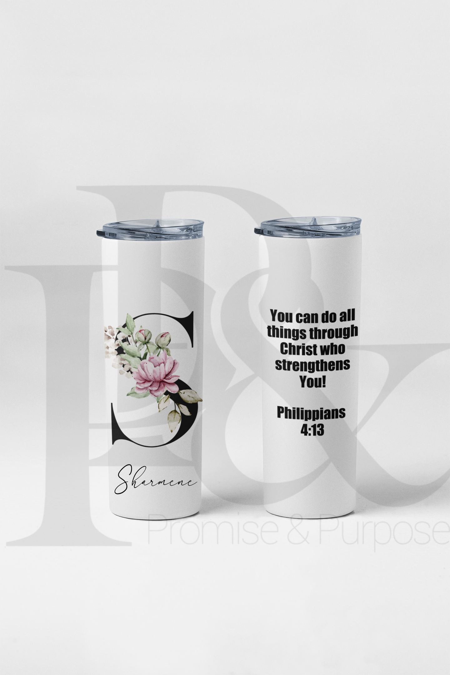 Christian Monogram Scripture Tumbler – Watercolor Floral Initial | 20oz