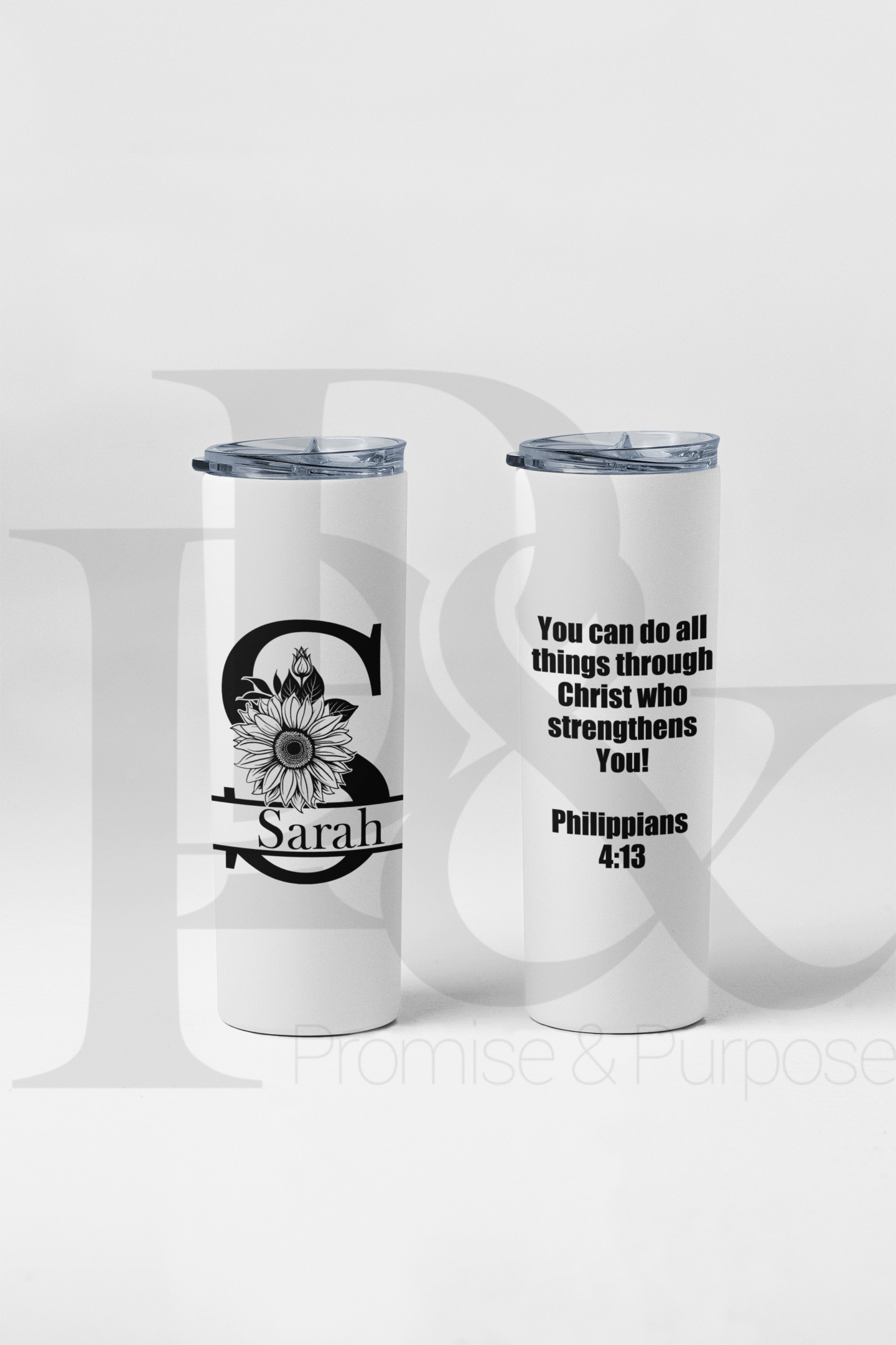 Christian Monogram Scripture Tumbler – Sunflower Initial | 20oz