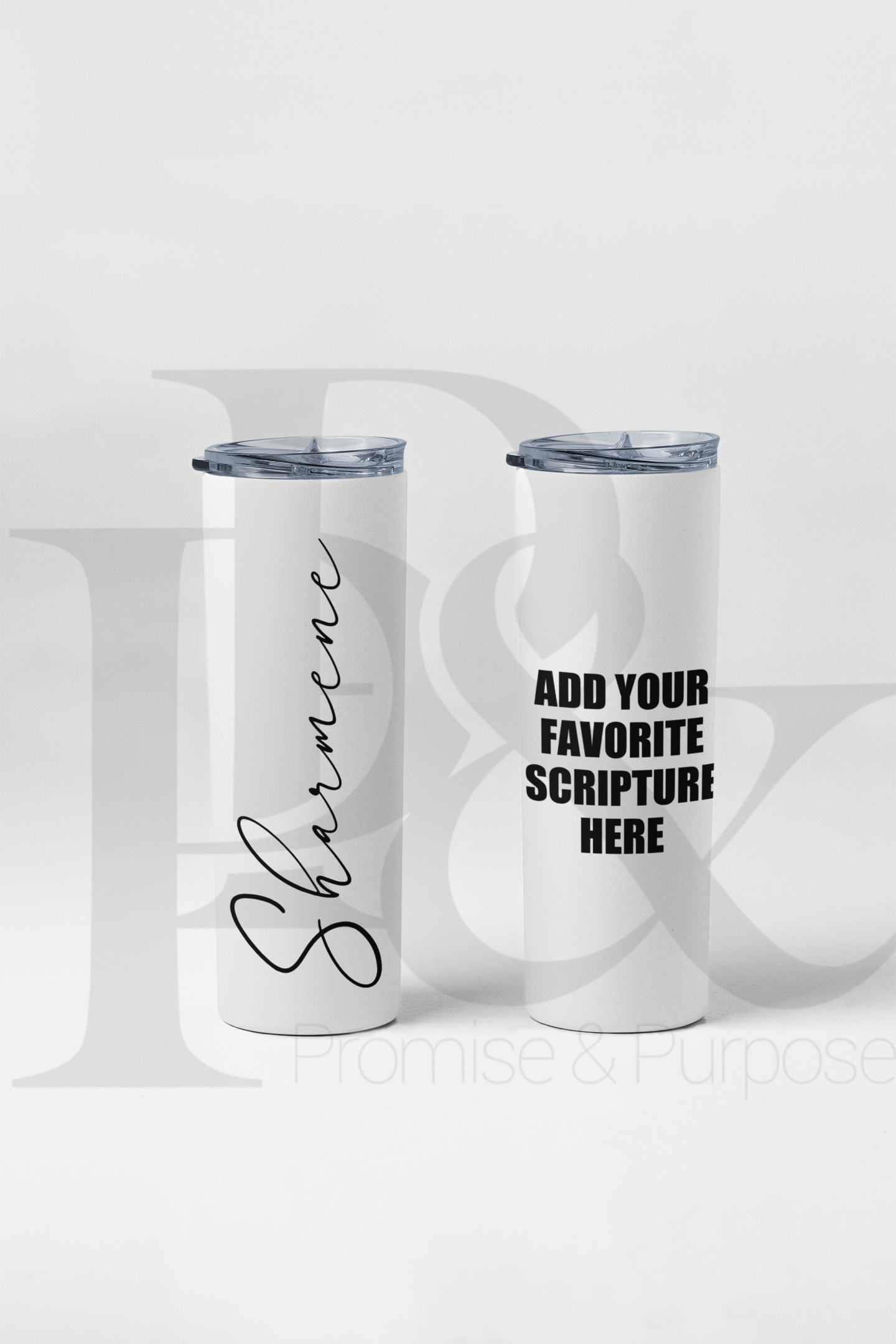 Personalized 20 oz tumbler featuring a custom name and optional scripture or quote. 